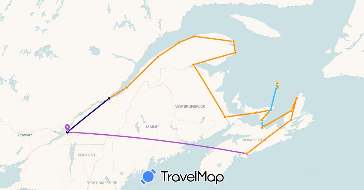 TravelMap itinerary: driving, train, boat, hitchhiking in Canada (North America)